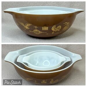 Vintage Pyrex Early American Glass Mixing Bowls Set of 3-White/Brown/Gold-Granny